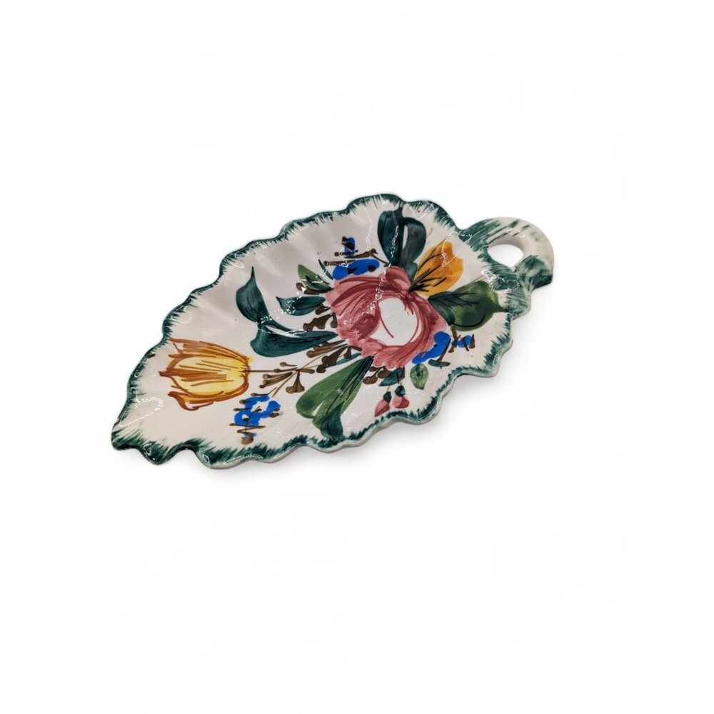 Vintage Italian Hand Painted Pottery Floral Leaf Shaped Bowl Ceramic Candy Dish